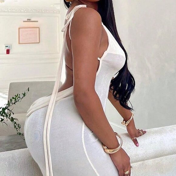 White Sexy Women's Draped Collar Tie Shoulder Cami Dress - Picture 5 of 6